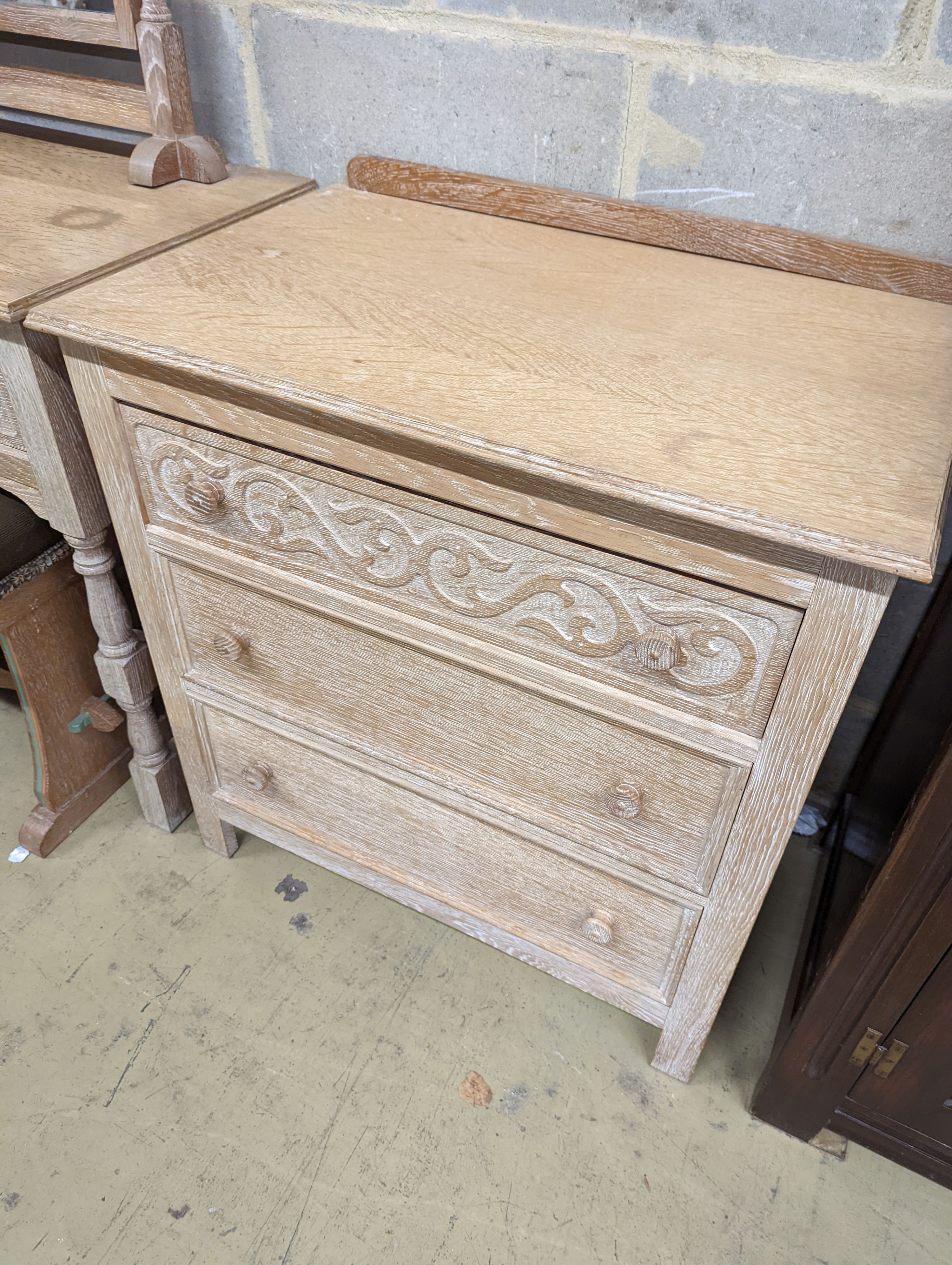 A Maple oak limed oak bedroom suite. Chest - W-71cm, D-46cm, H-137cm.